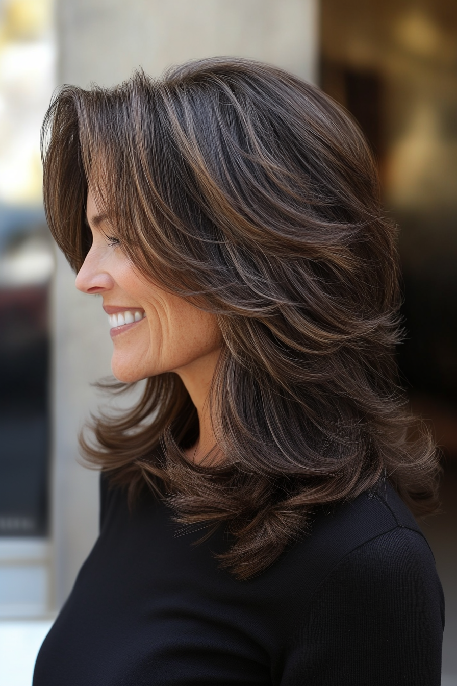4. Layered Shag in Deep Brunette (Medium Length Hairstyles For Older Women) - Medium Length Hairstyles For Older Women