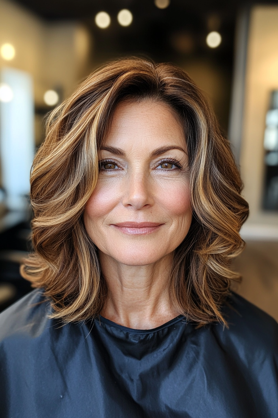 5. Curved Ends in Warm Caramel Brown (Medium Length Hairstyles For Older Women) - Medium Length Hairstyles For Older Women