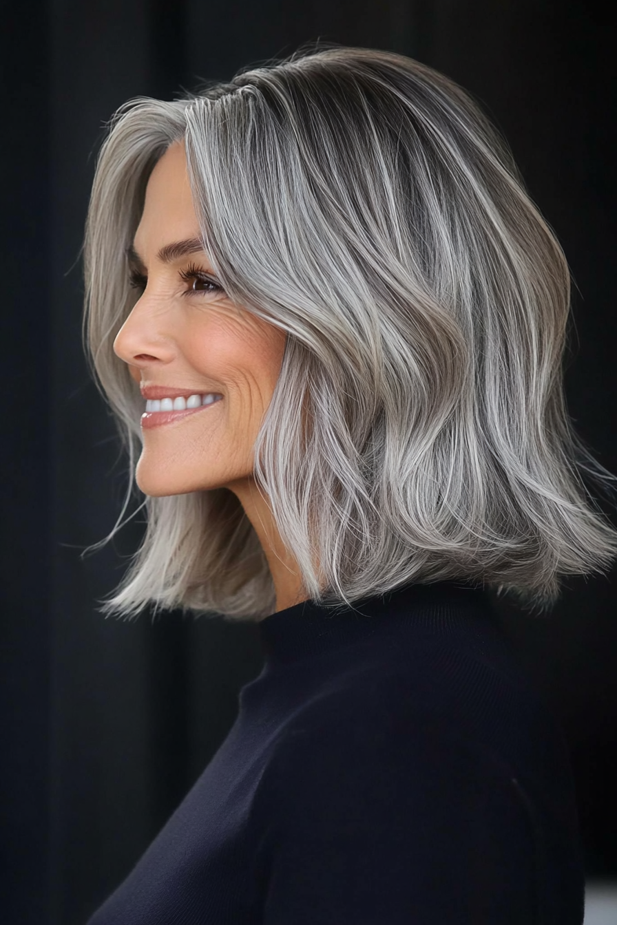 6. Textured Medium Bob in Salt-and-Pepper (Medium Length Hairstyles For Older Women) - Medium Length Hairstyles For Older Women