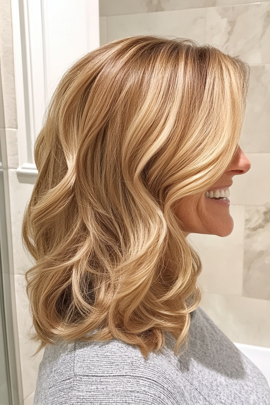 7. Voluminous Waves in Golden Blonde (Medium Length Hairstyles For Older Women) - Medium Length Hairstyles For Older Women