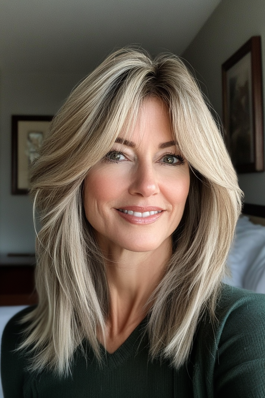 9. Side-Swept Bangs with Sandy Blonde Tones (Medium Length Hairstyles For Older Women) - Medium Length Hairstyles For Older Women