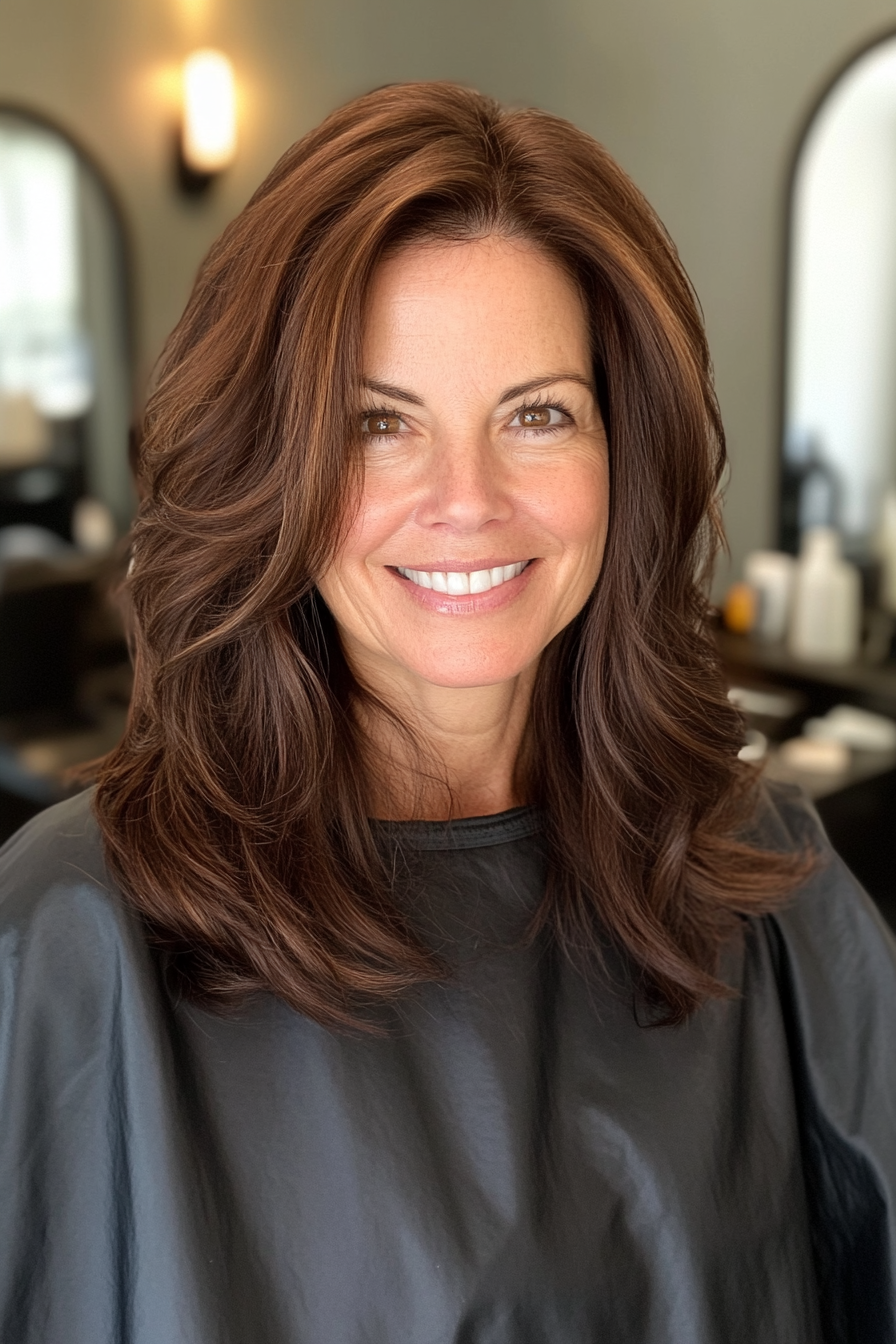 14. Swoopy Layers in Dark Mahogany Brown (Medium Length Hairstyles For Older Women) - Medium Length Hairstyles For Older Women