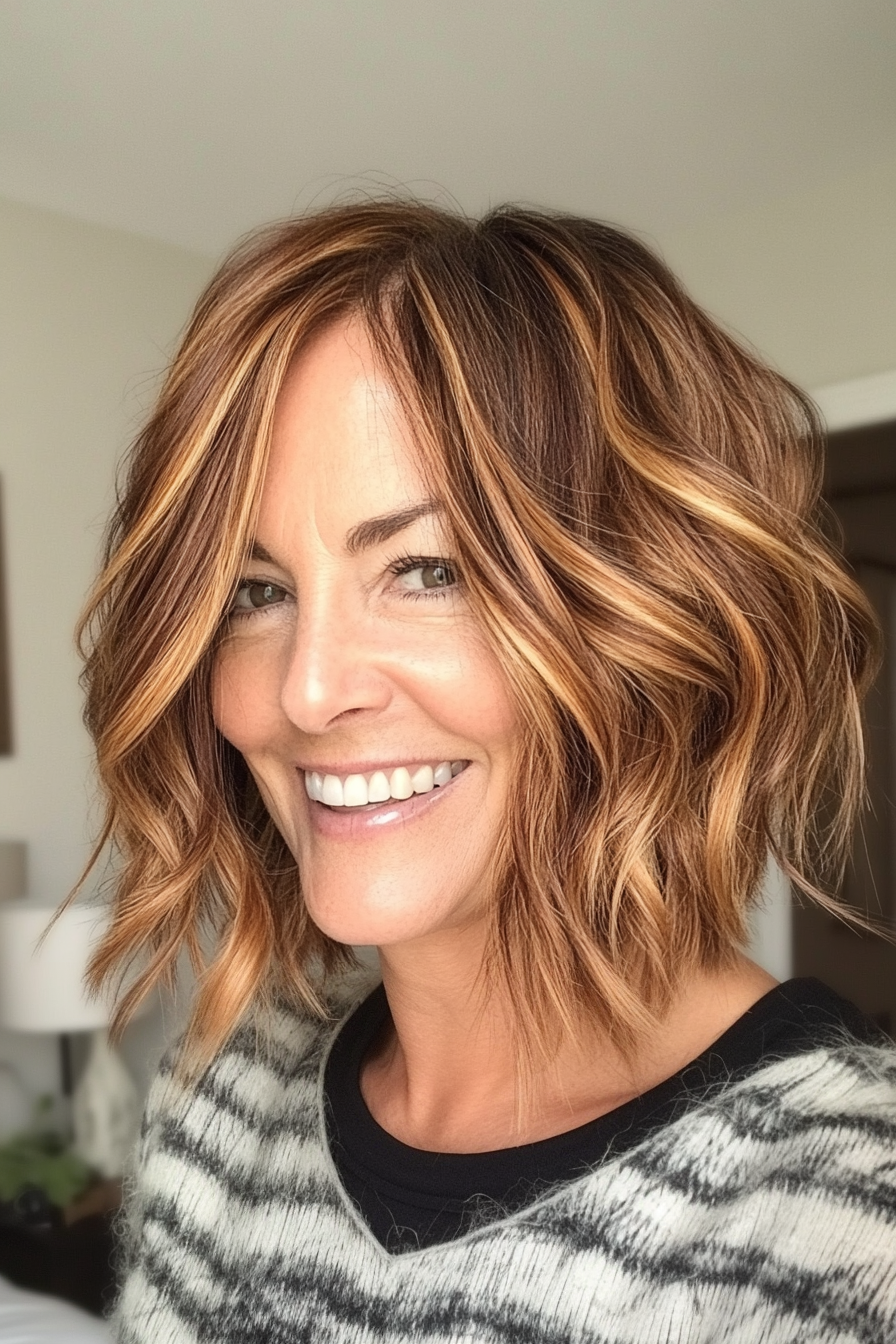16. Wavy Bob with Cinnamon Highlights (Medium Length Hairstyles For Older Women) - Medium Length Hairstyles For Older Women