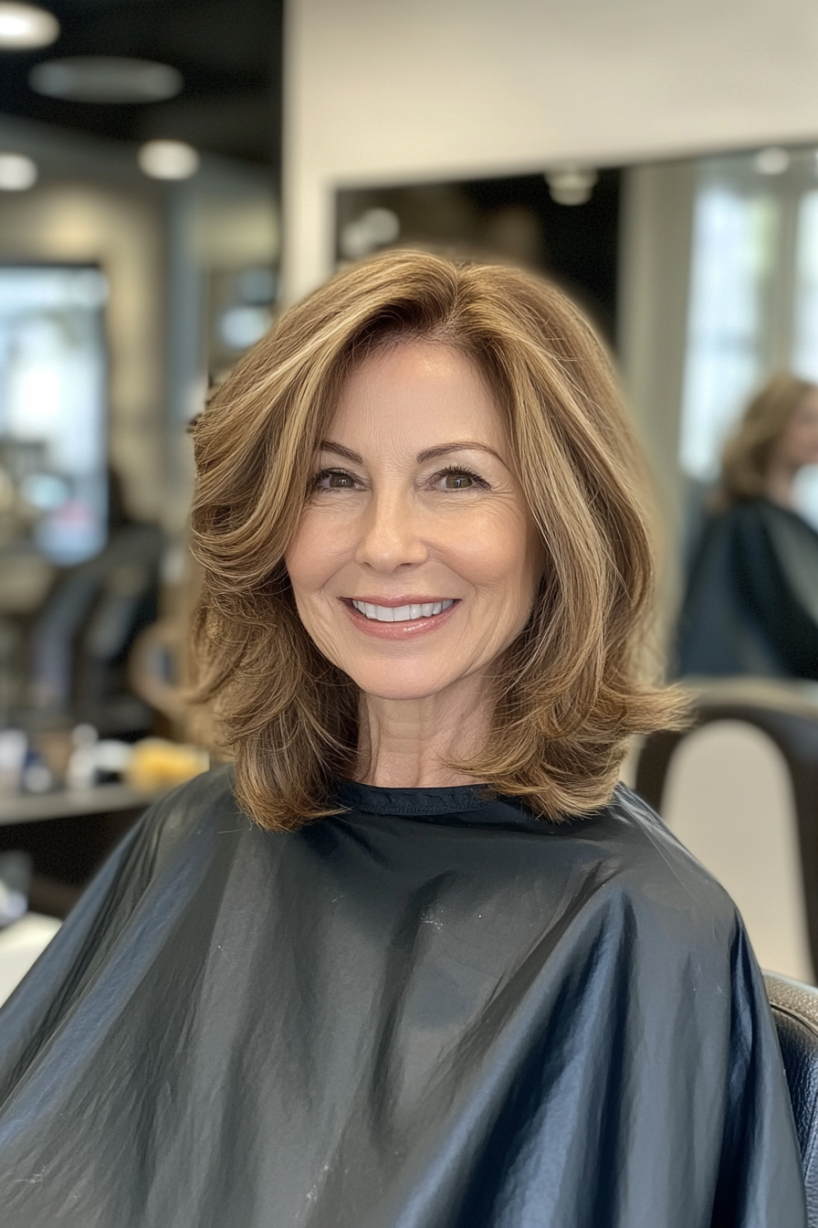 18. Soft Flip Out in Golden Honey Brown (Medium Length Hairstyles For Older Women) - Medium Length Hairstyles For Older Women