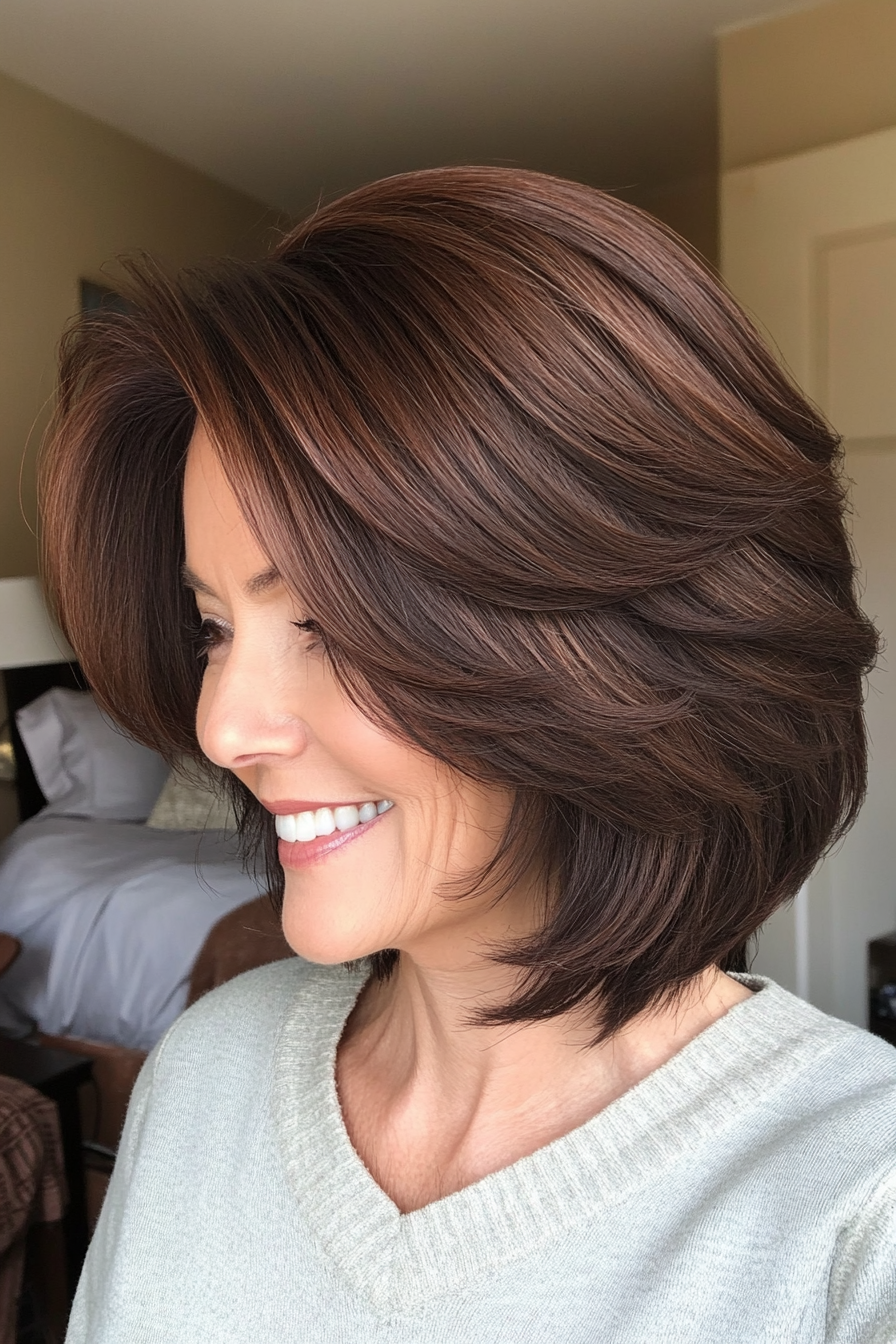 20. Layered Bob in Dark Chestnut (Medium Length Hairstyles For Older Women) - Medium Length Hairstyles For Older Women