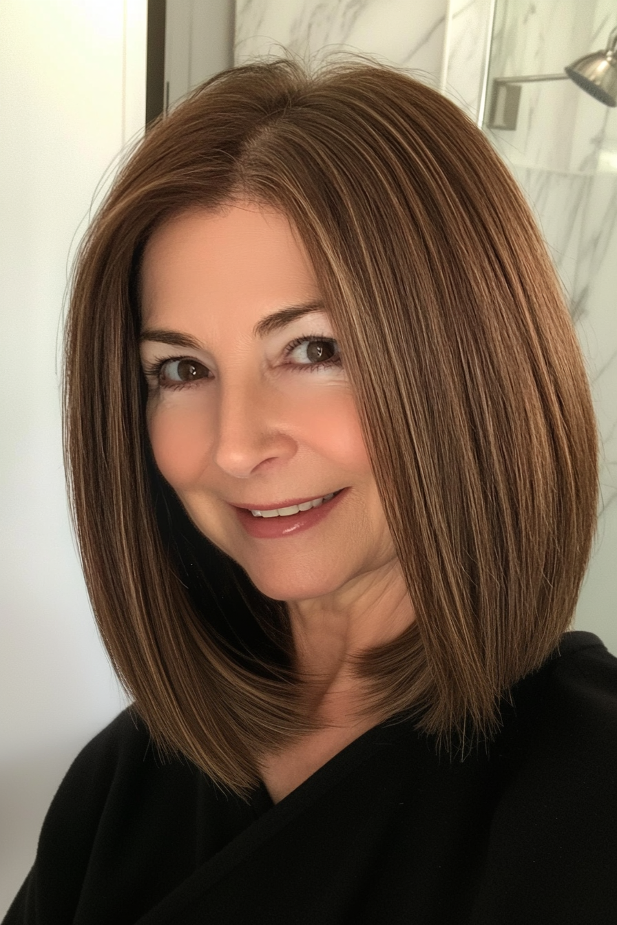 25. Slightly Angled Lob in Deep Coffee Brown (Medium Length Hairstyles For Older Women) - Medium Length Hairstyles For Older Women