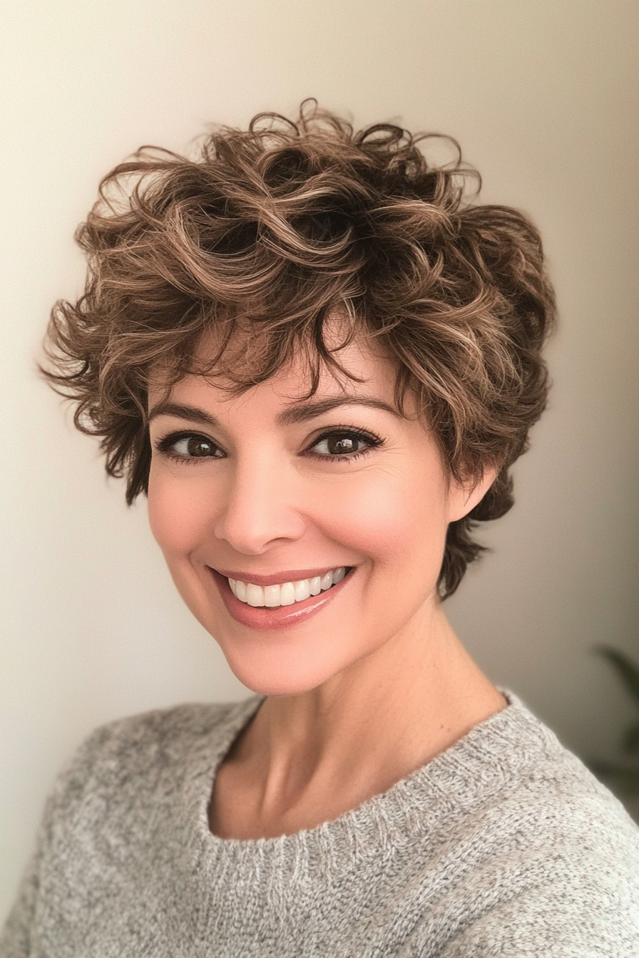 2. Layered Pixie with Ash Brown Tones (Short Curly Hairstyles For Older Women) - Short Curly Hairstyles For Older Women