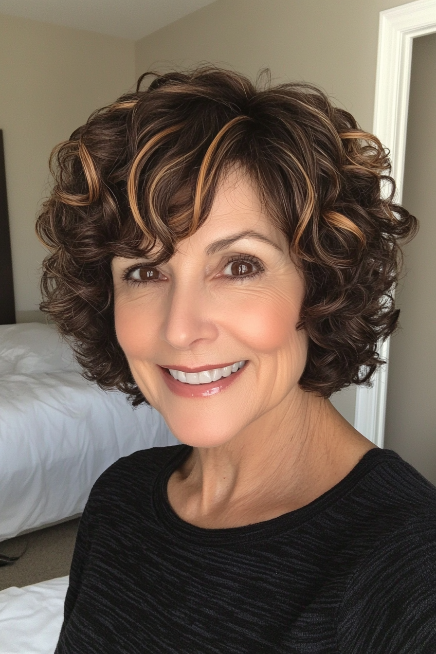 5. Short Bob with Caramel Highlights (Short Curly Hairstyles For Older Women) - Short Curly Hairstyles For Older Women