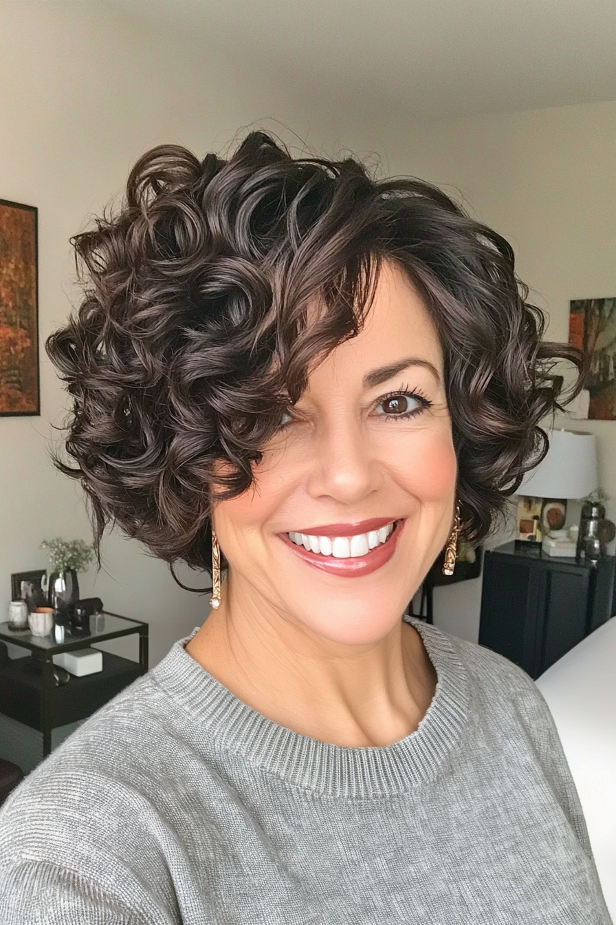 7. Asymmetrical Curly Bob in Dark Chocolate (Short Curly Hairstyles For Older Women) - Short Curly Hairstyles For Older Women