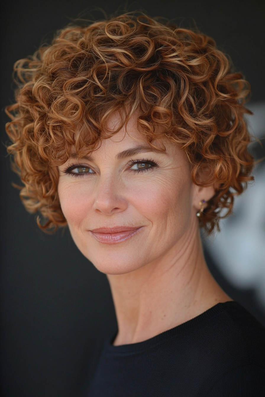 8. Short Curly Pixie with Auburn Highlights (Short Curly Hairstyles For Older Women) - Short Curly Hairstyles For Older Women