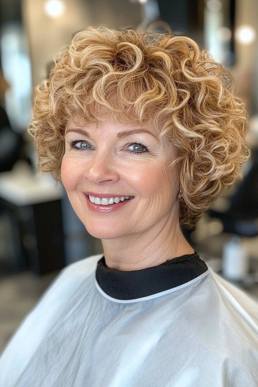9. Voluminous Curls with Honey Blonde Accents (Short Curly Hairstyles For Older Women) - Short Curly Hairstyles For Older Women