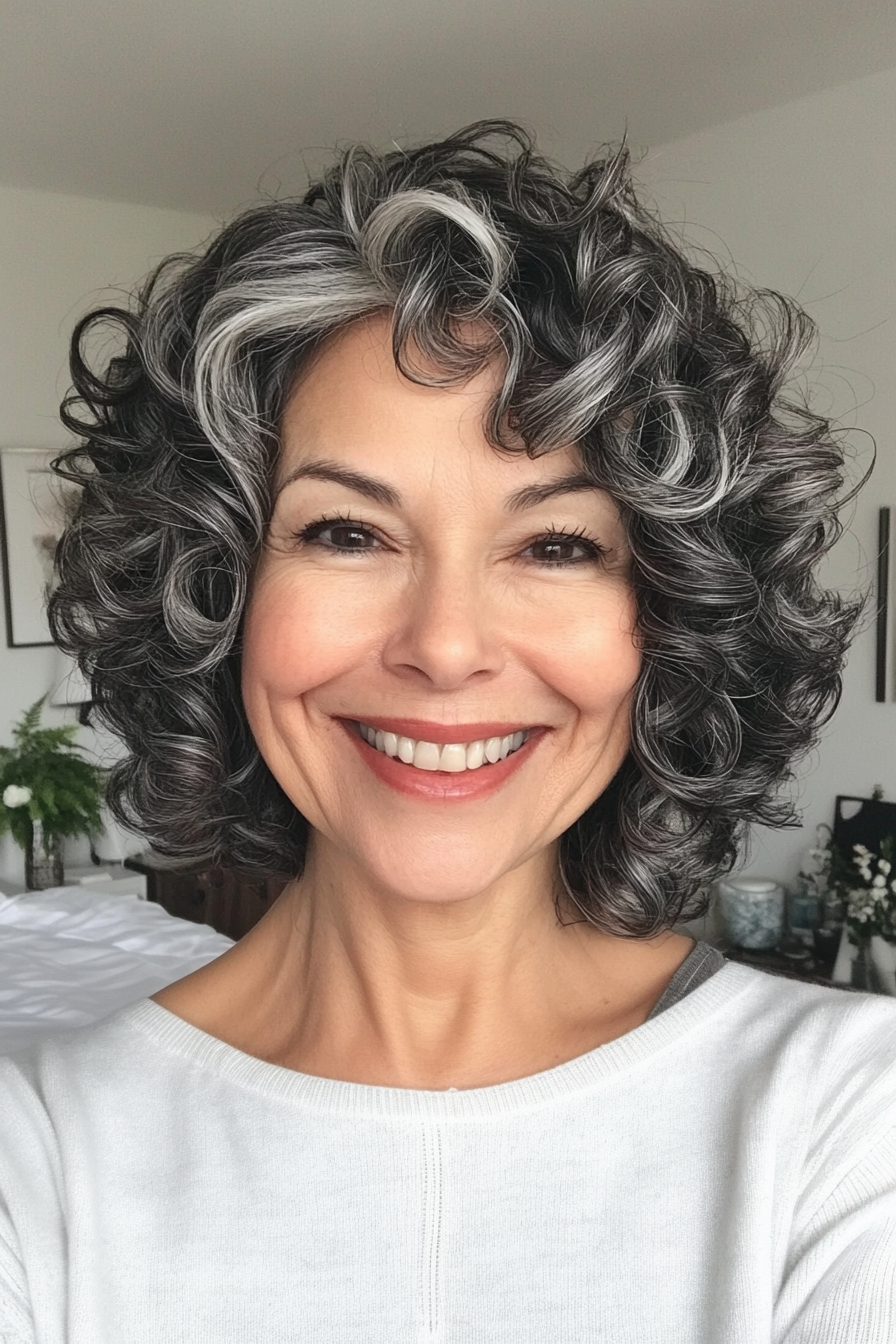 10. Curly Bob with Subtle Gray Lowlights (Short Curly Hairstyles For Older Women) - Short Curly Hairstyles For Older Women
