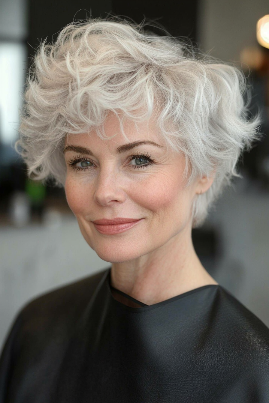 11. Feathered Pixie in Platinum Blonde (Short Curly Hairstyles For Older Women) - Short Curly Hairstyles For Older Women