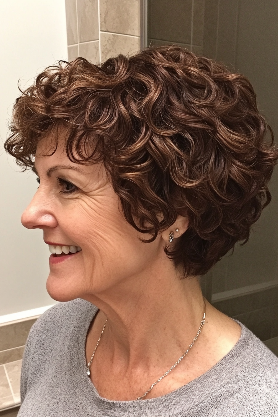 12. Short Layered Curls in Mahogany Brown (Short Curly Hairstyles For Older Women) - Short Curly Hairstyles For Older Women