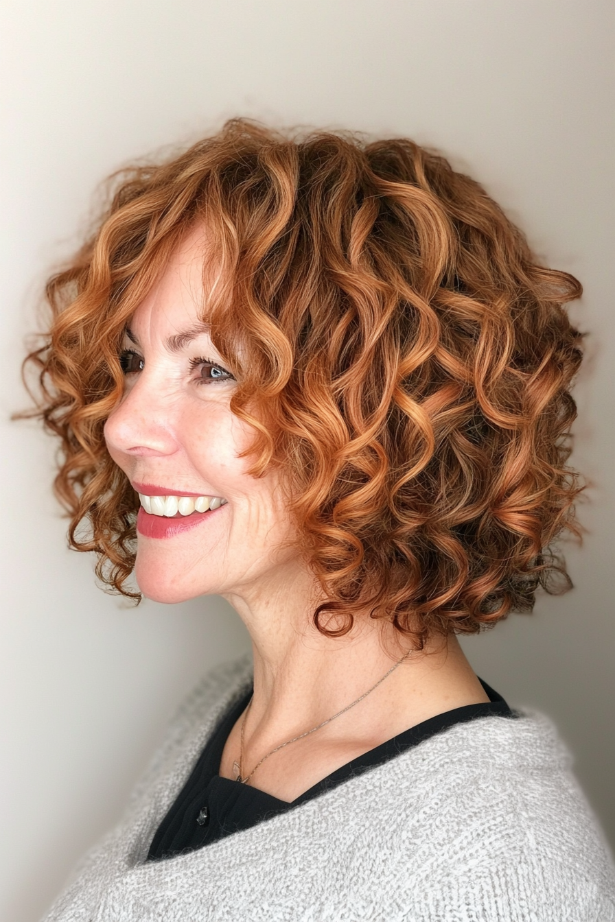 13. Curly Lob (Long Bob) with Cinnamon Highlights (Short Curly Hairstyles For Older Women) - Short Curly Hairstyles For Older Women