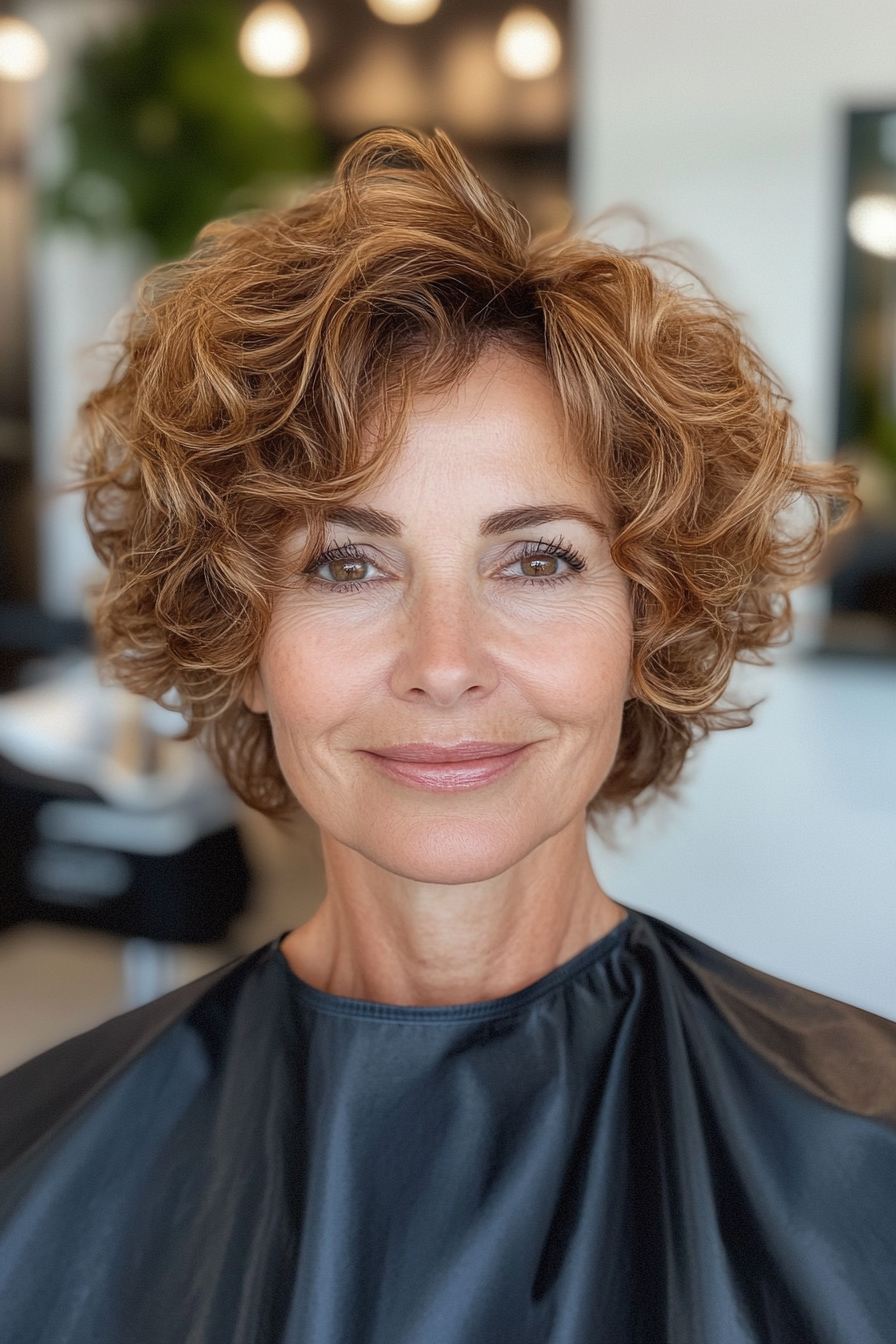 15. Curly Bob with Face-Framing Layers in Golden Brown (Short Curly Hairstyles For Older Women) - Short Curly Hairstyles For Older Women