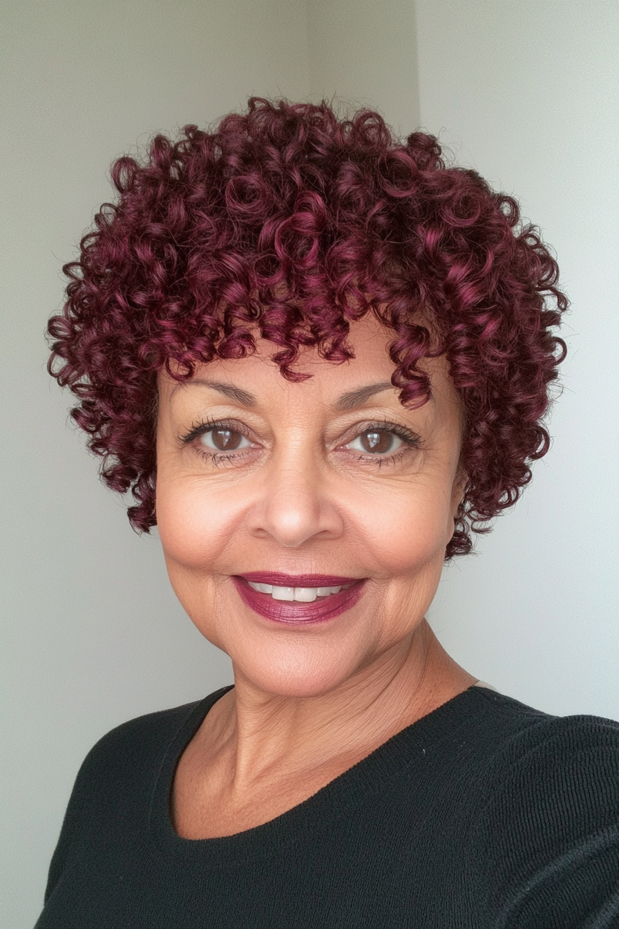 16. Short Spiral Curls in Deep Burgundy (Short Curly Hairstyles For Older Women) - Short Curly Hairstyles For Older Women