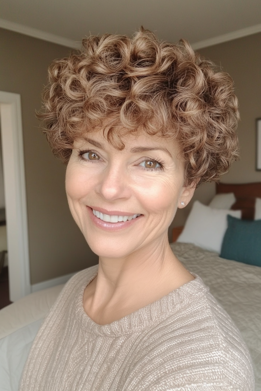 17. Pixie Cut with Soft Curls in Light Brown (Short Curly Hairstyles For Older Women) - Short Curly Hairstyles For Older Women