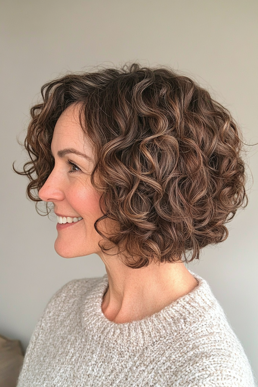 18. Curly Bob with Side Part in Rich Mocha (Short Curly Hairstyles For Older Women) - Short Curly Hairstyles For Older Women