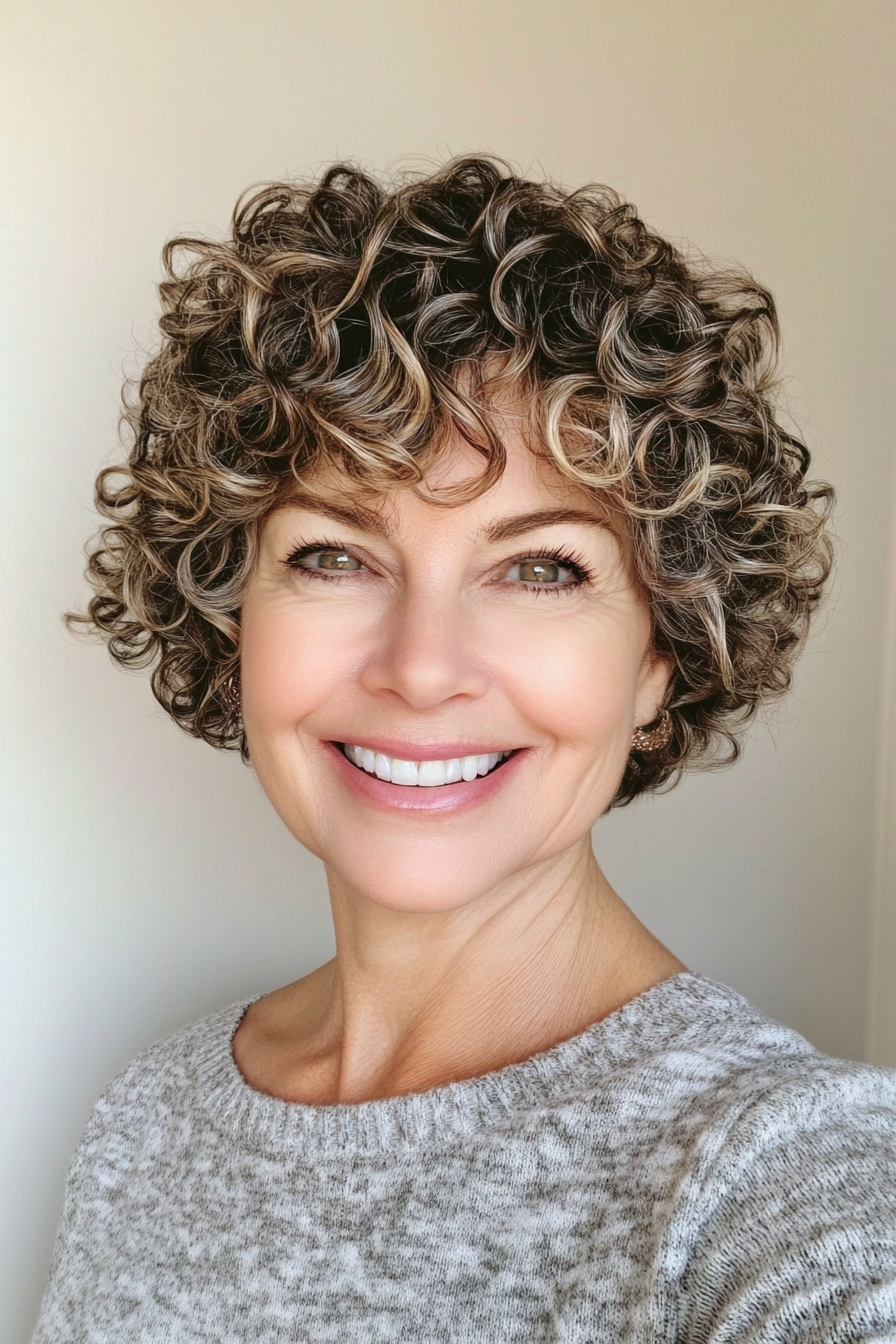 19. Short Curly Crop with Sun-Kissed Highlights (Short Curly Hairstyles For Older Women) - Short Curly Hairstyles For Older Women