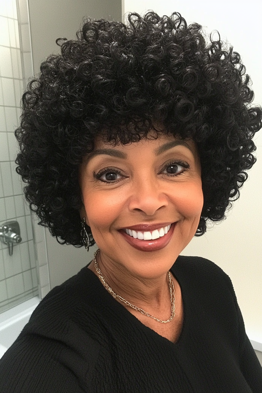 22. Tight Ringlet Afro in Jet Black (Short Curly Hairstyles For Older Women) - Short Curly Hairstyles For Older Women
