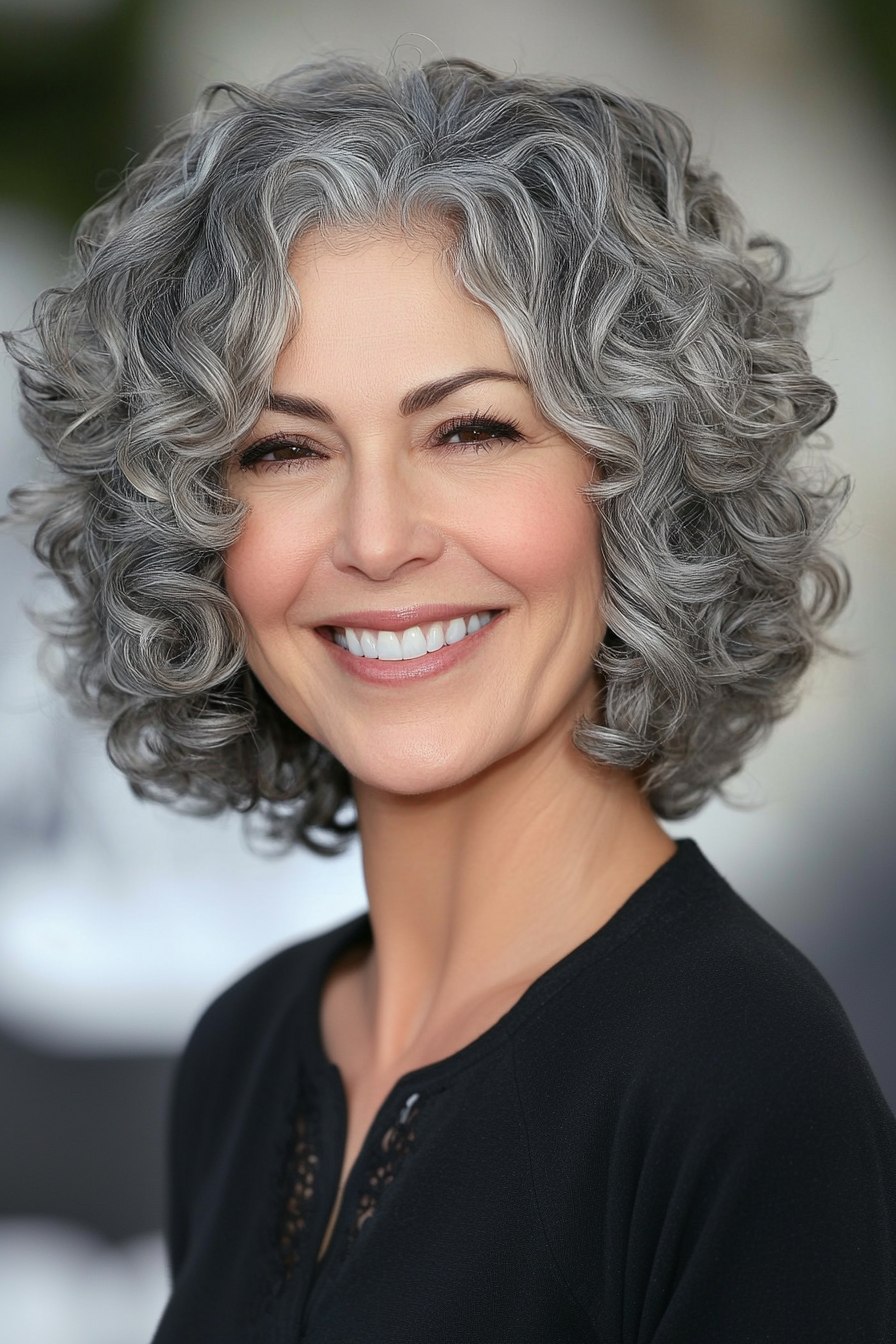 23. Curly Bob with Blended Gray Highlights (Short Curly Hairstyles For Older Women) - Short Curly Hairstyles For Older Women