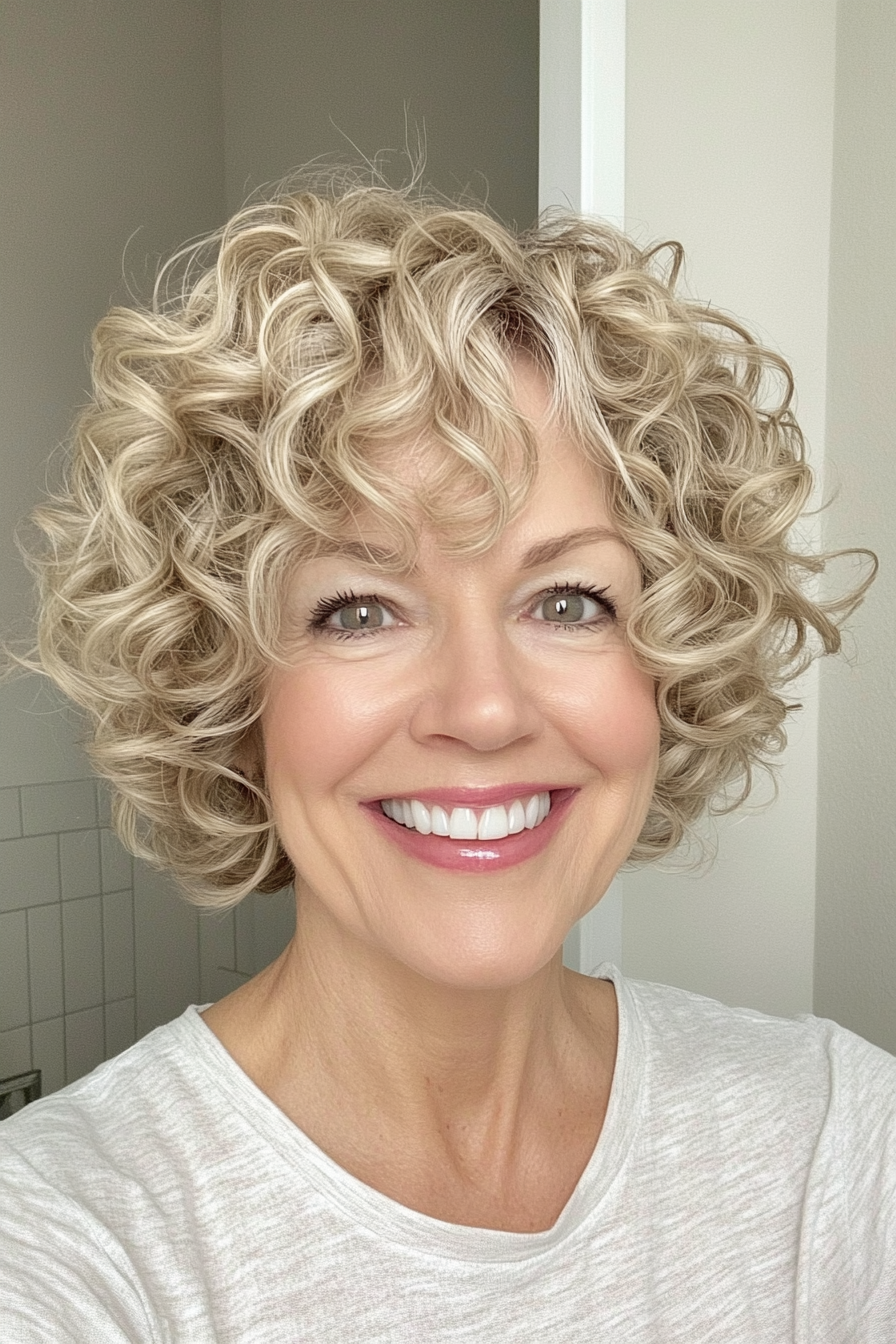 24. Short Wavy Curls in Soft Beige Blonde (Short Curly Hairstyles For Older Women) - Short Curly Hairstyles For Older Women