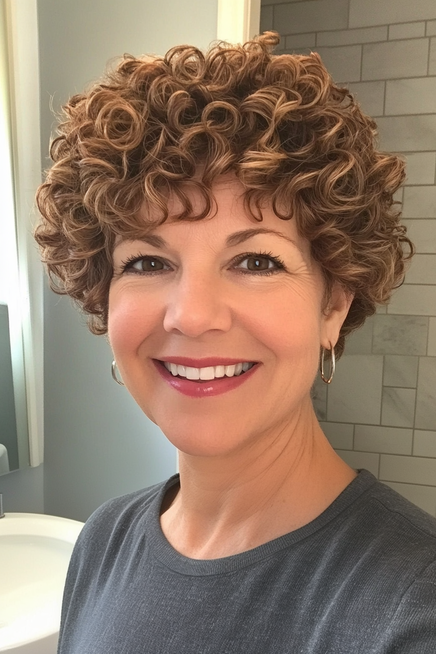 25. Pixie Bob with Curly Top in Warm Honey Brown (Short Curly Hairstyles For Older Women) - Short Curly Hairstyles For Older Women