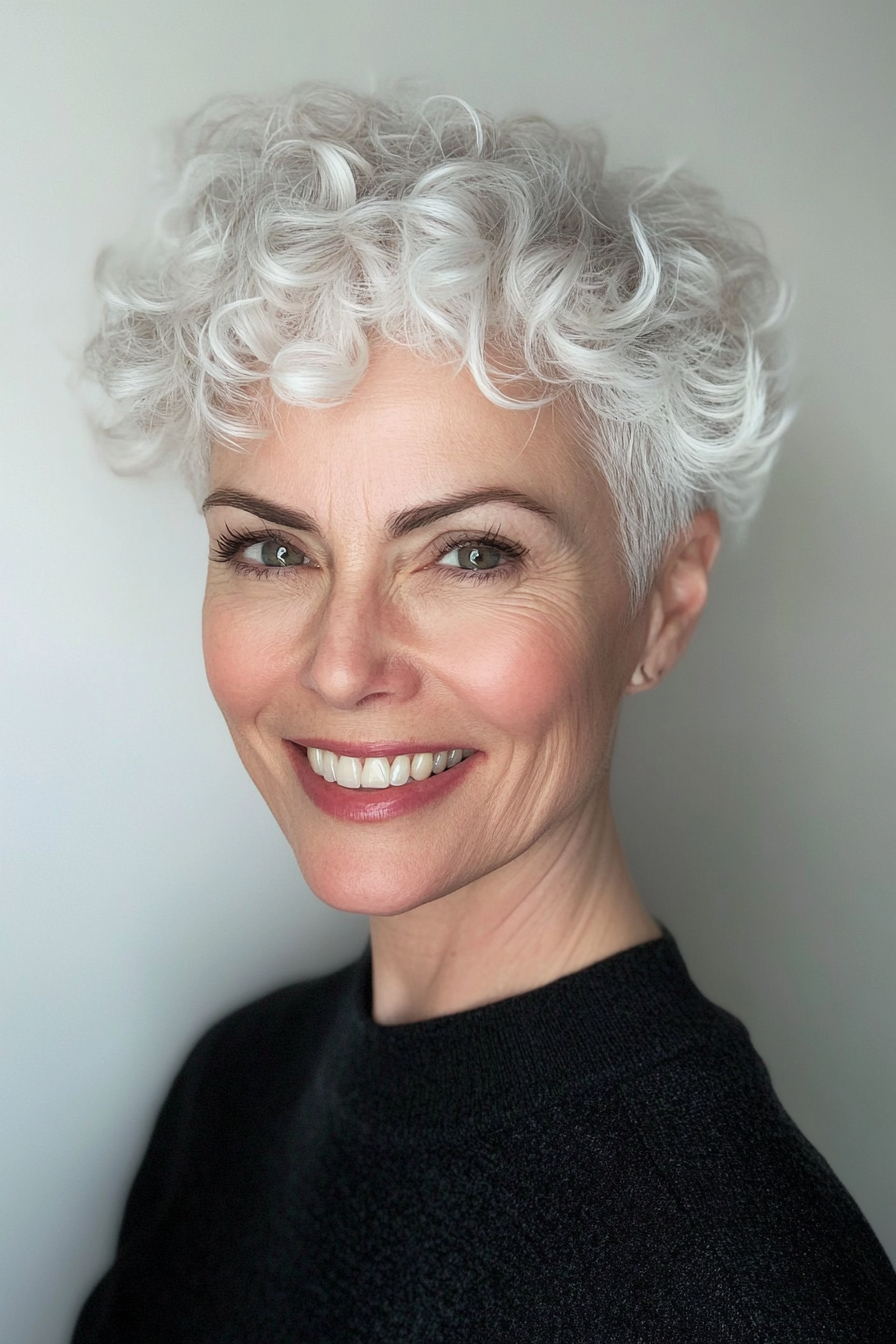 26. Short Curly Undercut in Natural White (Short Curly Hairstyles For Older Women) - Short Curly Hairstyles For Older Women