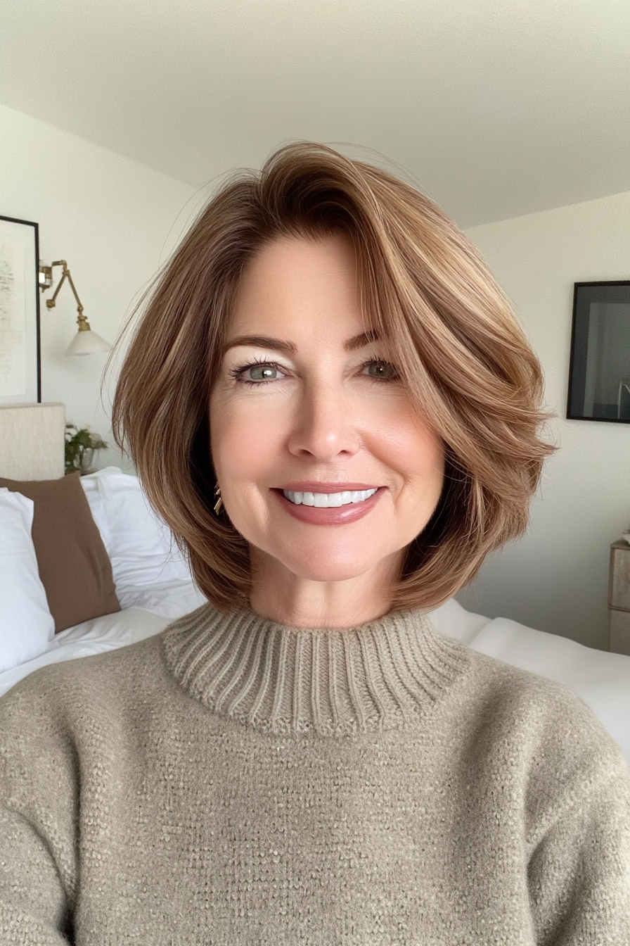 1. Classic Layered Bob in Warm Chestnut (Best Haircuts For Women Over 60) - Best Haircuts For Women Over 60