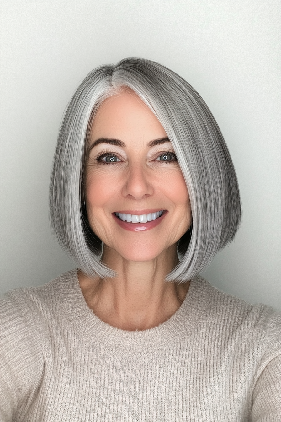 4. Sleek Chin-Length Bob in Natural Silver (Best Haircuts For Women Over 60) - Best Haircuts For Women Over 60