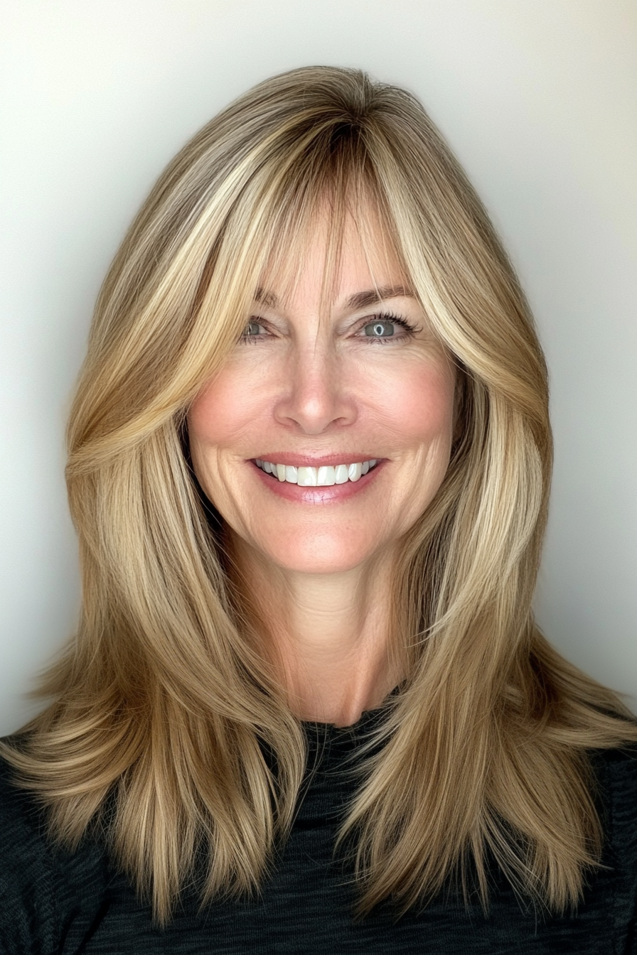 5. Wispy Bangs with Medium-Length Layers in Honey Blonde (Best Haircuts For Women Over 60) - Best Haircuts For Women Over 60