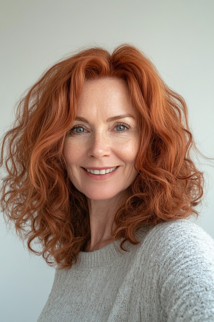 7. Soft Curly Lob in Deep Auburn (Best Haircuts For Women Over 60) - Best Haircuts For Women Over 60