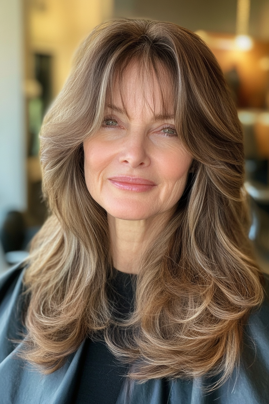 9. Long Layers with Side Swept Bangs in Caramel Brown (Best Haircuts For Women Over 60) - Best Haircuts For Women Over 60