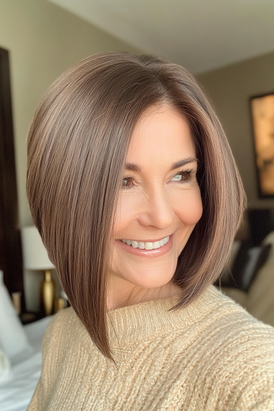 12. Angled Bob with Face-Framing Layers in Warm Mocha Brown (Best Haircuts For Women Over 60) - Best Haircuts For Women Over 60