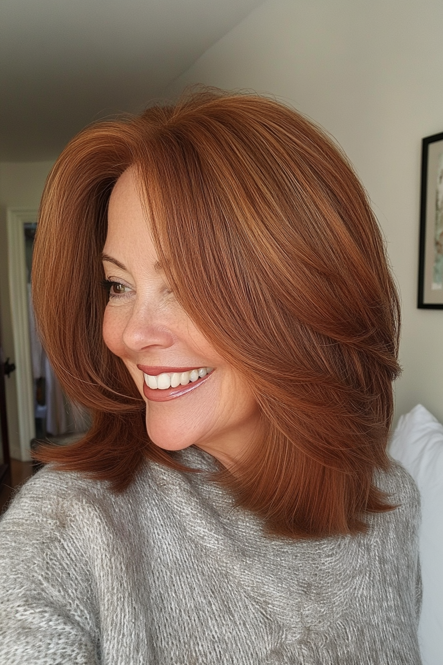 19. Medium-Length Layered Cut in Cinnamon Brown (Best Haircuts For Women Over 60) - Best Haircuts For Women Over 60