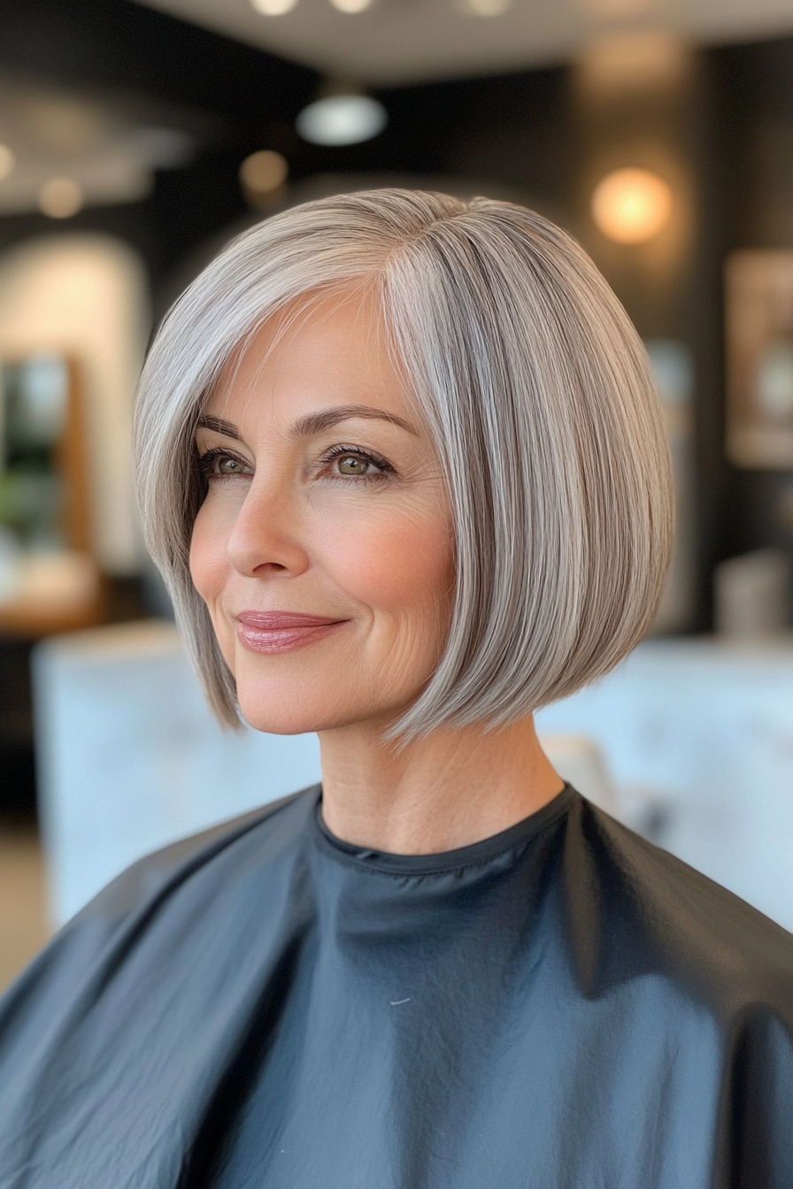 20. Elegant Side-Parted Bob in Cool Silver (Best Haircuts For Women Over 60) - Best Haircuts For Women Over 60