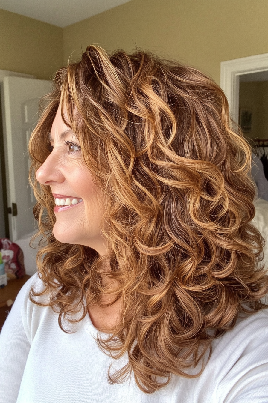 23. Curly Shoulder-Length Layers in Golden Brown (Best Haircuts For Women Over 60) - Best Haircuts For Women Over 60