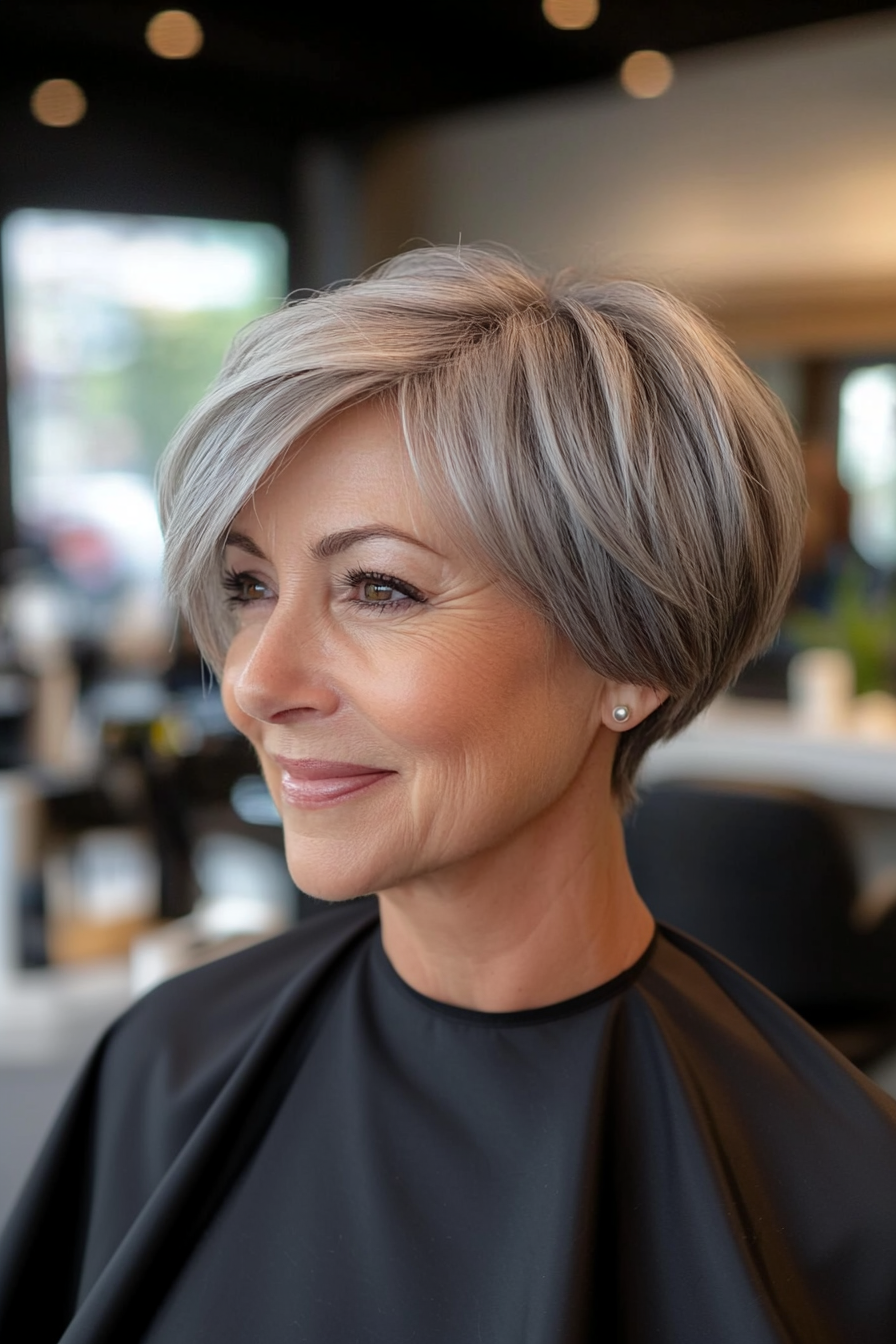 24. Tapered Crop with Side Bangs in Smoky Charcoal Gray (Best Haircuts For Women Over 60) - Best Haircuts For Women Over 60