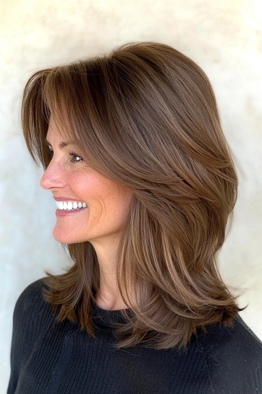 26. Layered Lob with Curtain Bangs in Warm Maple Brown (Best Haircuts For Women Over 60) - Best Haircuts For Women Over 60
