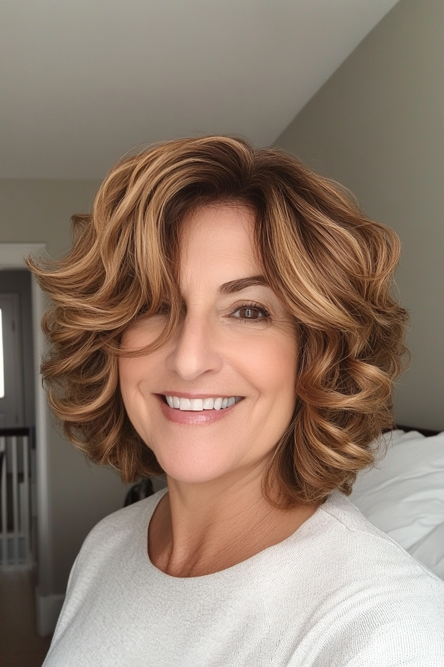 10. Golden Brown Layered Bob (Curly Bob Hairstyles For Over 50) - Curly Bob Hairstyles For Over 50