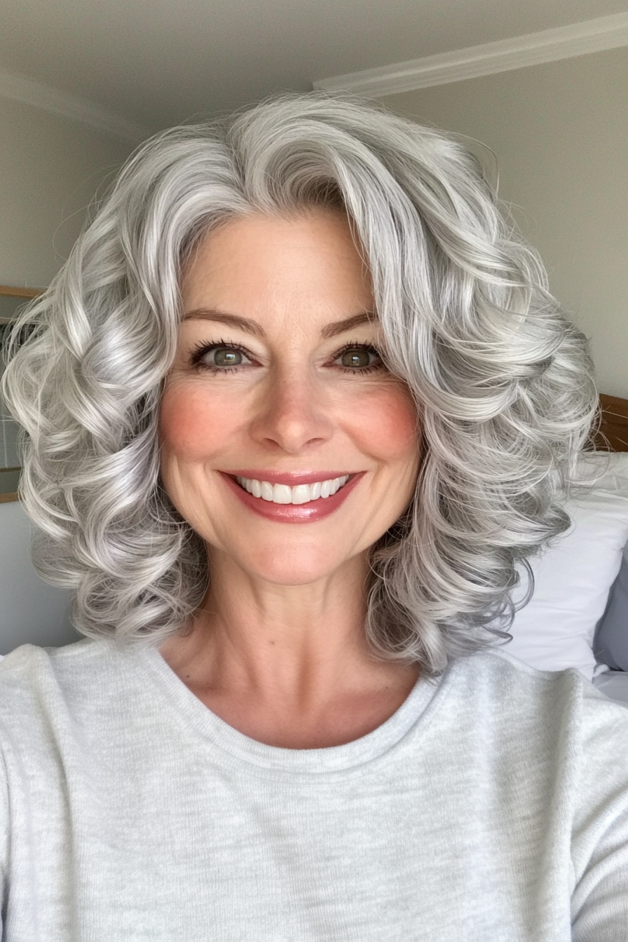 22. Face-Framing Silver Bob (Curly Bob Hairstyles For Over 50) - Curly Bob Hairstyles For Over 50