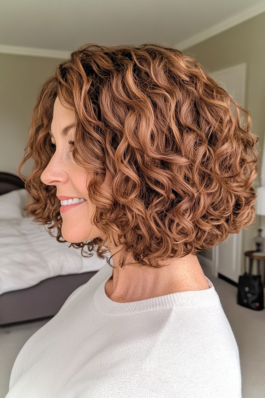 23. Glossy Walnut Curly Bob (Curly Bob Hairstyles For Over 50) - Curly Bob Hairstyles For Over 50