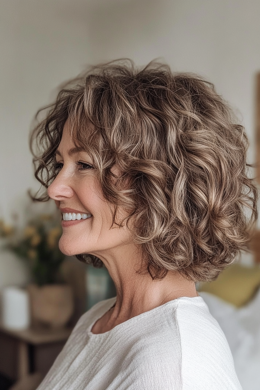 24. Ash Brown Tousled Bob (Curly Bob Hairstyles For Over 50) - Curly Bob Hairstyles For Over 50