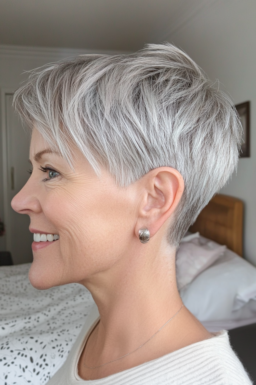 3. Tapered Pixie with Silver Highlights (Hairstyles For Women Over 50 With Thin Hair) - Hairstyles For Women Over 50 With Thin Hair