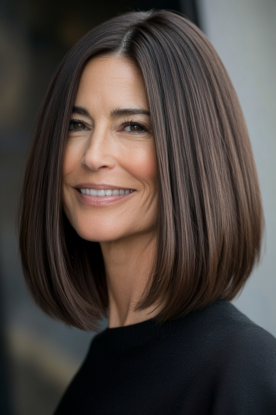 4. Sleek Lob in Espresso Brown (Hairstyles For Women Over 50 With Thin Hair) - Hairstyles For Women Over 50 With Thin Hair