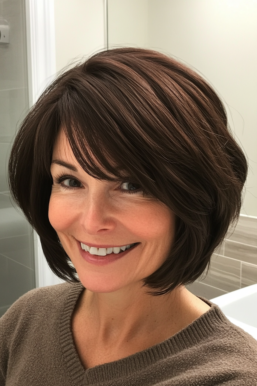 6. Wispy Bangs Bob in Dark Chocolate (Hairstyles For Women Over 50 With Thin Hair) - Hairstyles For Women Over 50 With Thin Hair