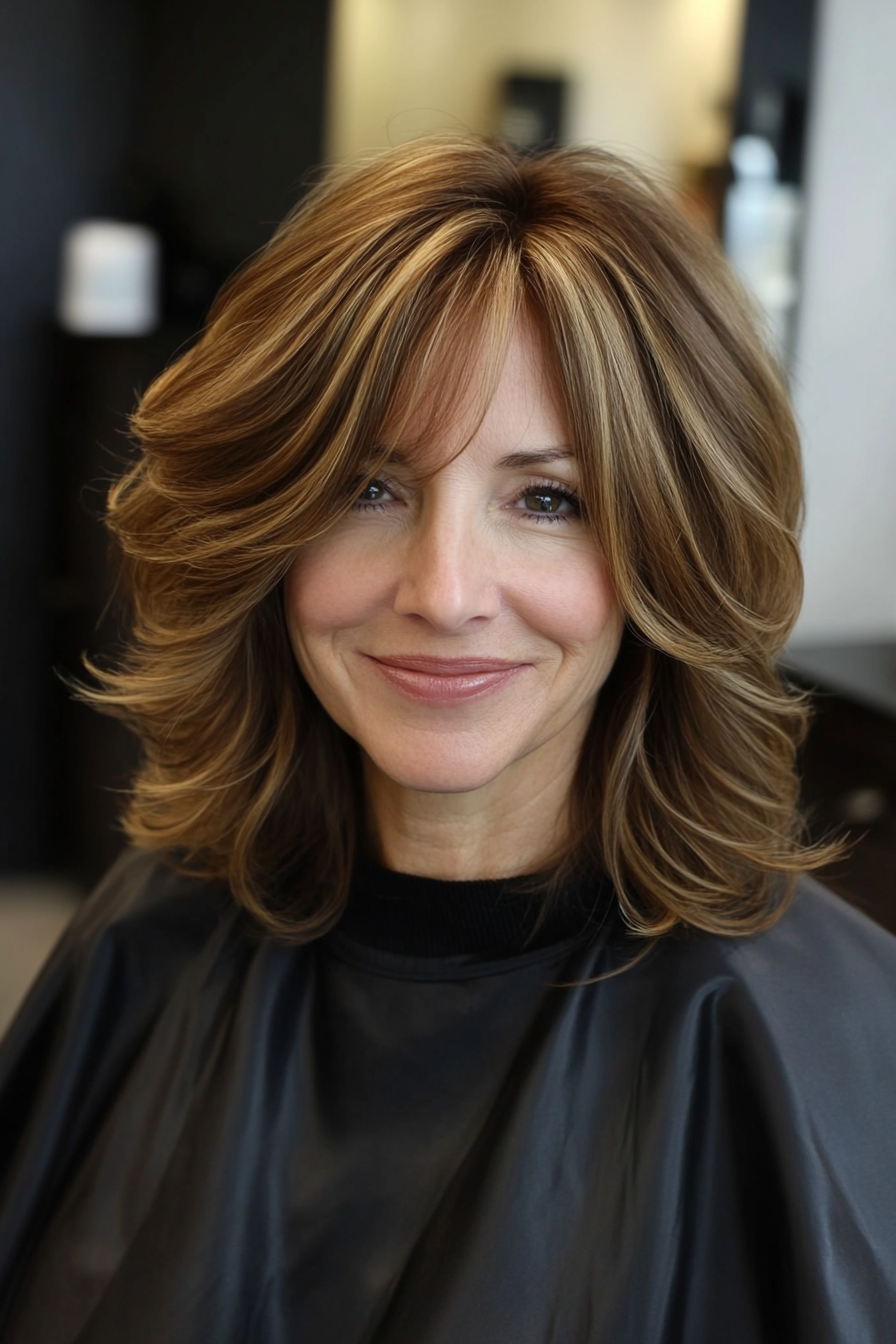 8. Layered Midi Cut in Golden Brown (Hairstyles For Women Over 50 With Thin Hair) - Hairstyles For Women Over 50 With Thin Hair