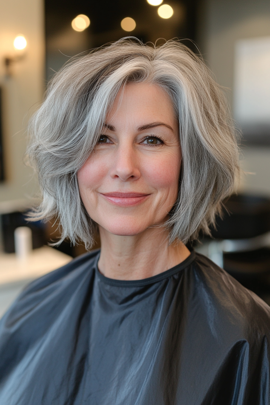 12. Choppy Bob in Salt and Pepper Blend (Hairstyles For Women Over 50 With Thin Hair) - Hairstyles For Women Over 50 With Thin Hair