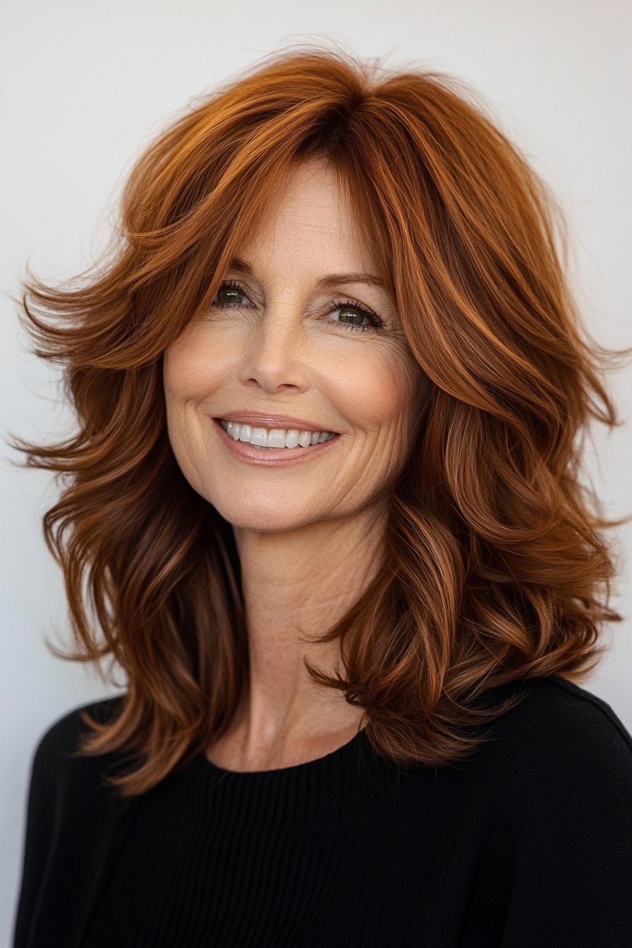 13. Tousled Medium Cut in Auburn Brown (Hairstyles For Women Over 50 With Thin Hair) - Hairstyles For Women Over 50 With Thin Hair